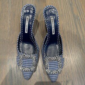 MANOLO BLAHNIK Plaid Print Crystal Embellishments Mules Women's Size 8 | IT38
